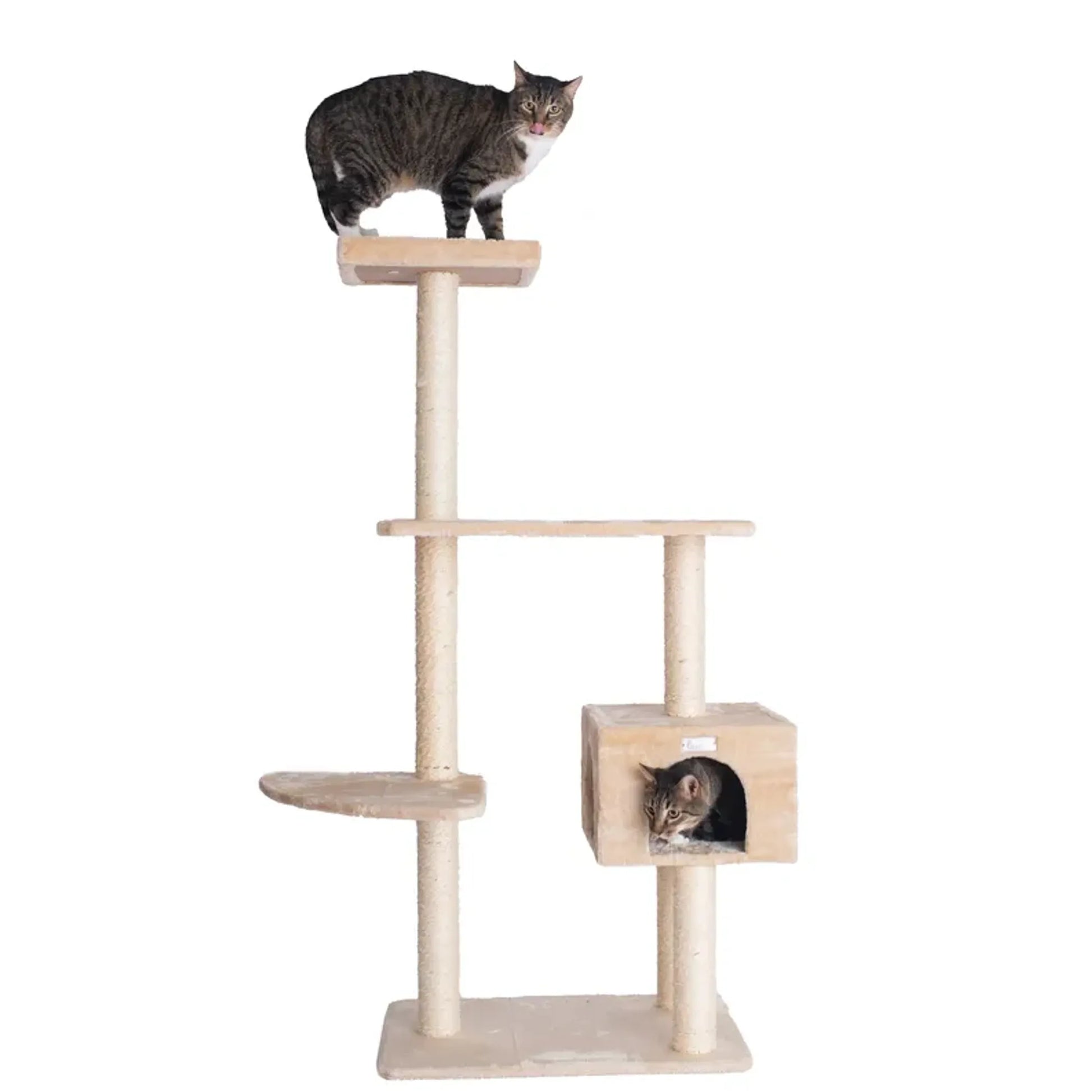 Beige Faux Fur Cat Tower with Playhouse and Perch